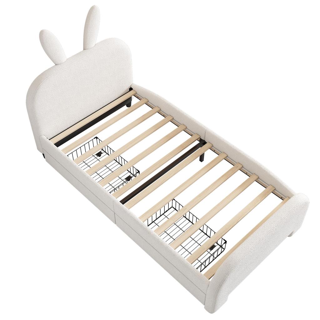 Children's Bed 90x200cm Cartoon Rabbit Shape Slat Frame Wood Sheep's Wool Two Drawers Adult/ Youth Without Mattress