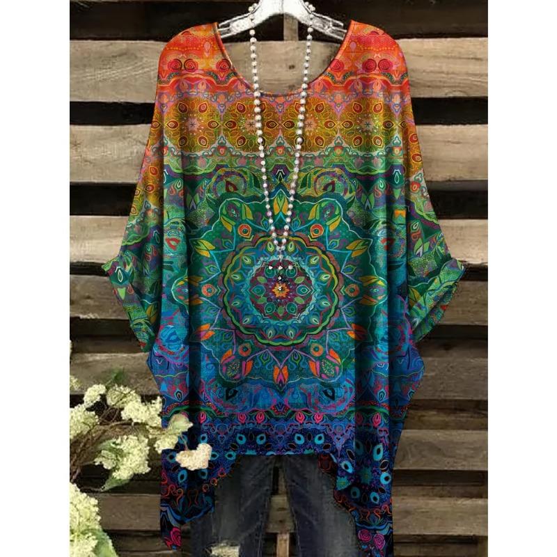 Women T-Shirts Bohemian Vacation Simple Pattern Print Tops Irregular Hemp Round Neck Fashion Versatile Short Sleeve Y2k Clothes