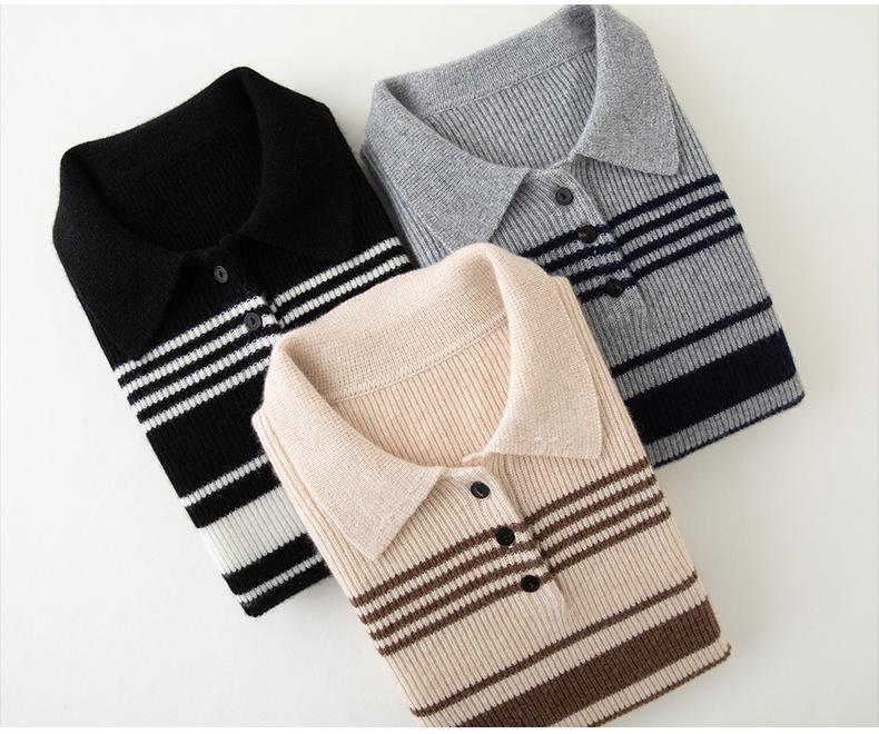 Women's Cashmere Color Block Striped Buttoned Polo Knit Top