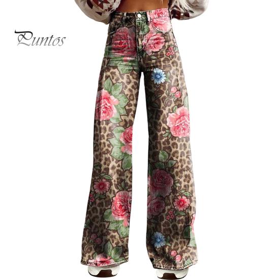 Dame Retro Casual Bukser Middels høyde Knapp Glidelåsgylf Vidt ben Lange Bukser med Lommer Digitalt Blomsterprint Fritidsbukser Streetwear