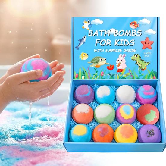12 Stück Badebomben Bunte Sprudel-Badebomben mit Überraschungsfigur Leicht sprudelnd Meersalz-Inhaltsstoffe Spa-ähnliche Badekugeln