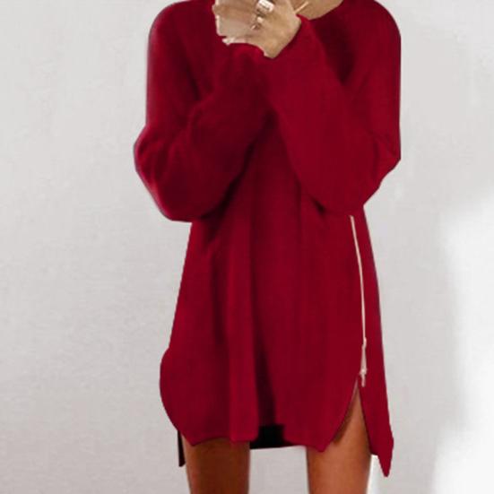 Women Dress Solid Color Sideway Zip Sexy Long Sleeve O Neck Mini Sweater Dress for Spring