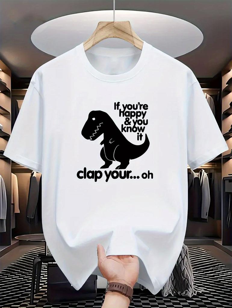 Men's Dinosaur Overlord Print T-Shirt - Casual Crew Neck, Regular Fit, Slight Stretch, Summer Short-Sleeve Tee - 180gsm