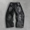 Mens Vintage Washed Straight Fit Denim Jeans Black Grey Gradient Loose High Waist Casual Trousers