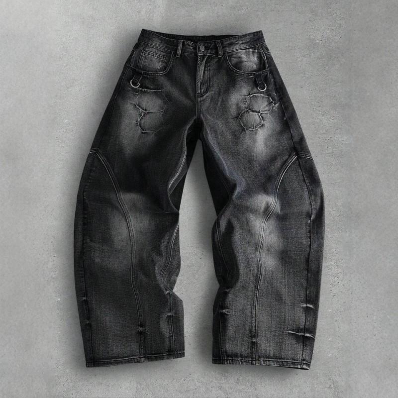 Mens Relaxed Fit Straight Leg Denim Jeans With Vintage Wash Black To Gray Gradient Design