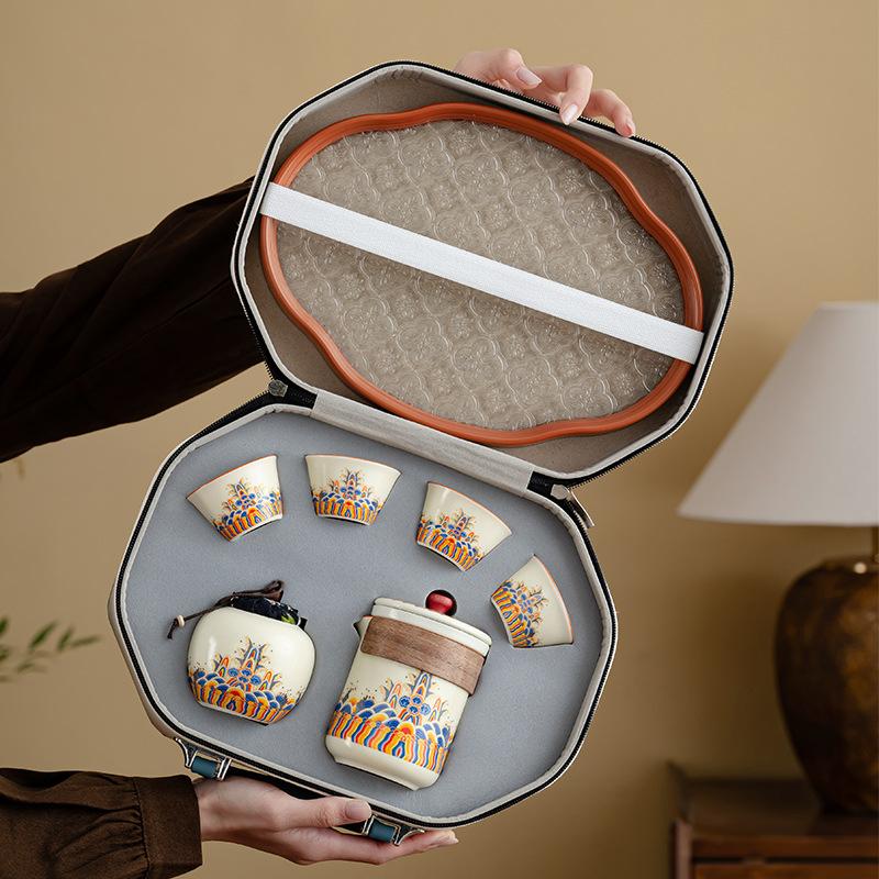Light Luxury Household Tea Set Retro Set Travel High-end Ru Kiln Waves Ancient Rhyme Express Tea Set Gifts
