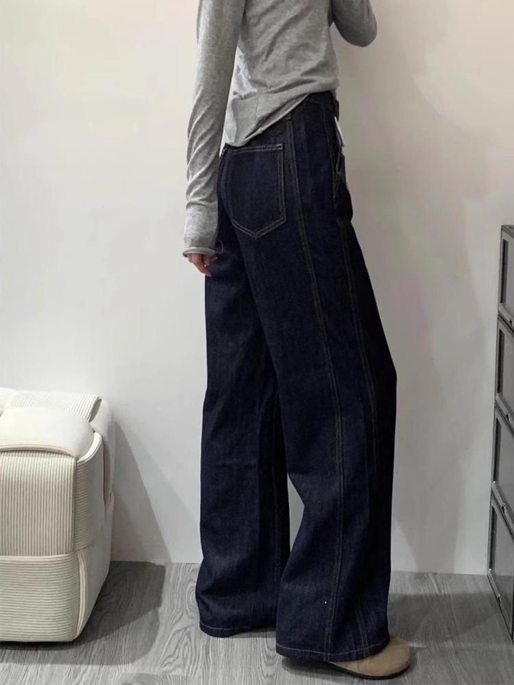 Women's 2025 Dark Blue High-Waisted Wide-Leg Denim Jeans - Autumn Collection, Loose Fit, Floor-Length.