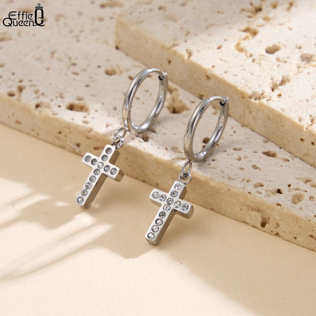 Effie Queen Edelstahl 18 Karat Gold & Zirkonia Kreuz Hängeohrringe Religiöser Schmuck für Frauen Jahrestag Tragen STKE06