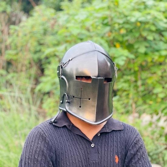 Grey Barbuta Helmet  Medieval Knight Helmet 18g Mild Steel Visored Helmet for LARP, Cosplay  Halloween Costume Warrior Helmet.