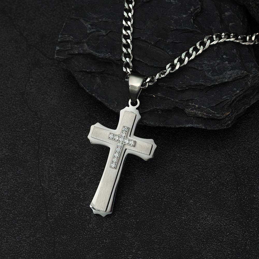 European and American Double-layer Three-dimensional Cross Pendant Punk Trendy Men's Titanium Steel Necklace