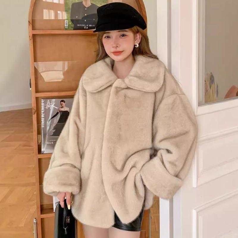 

Куртка из искусственного меха норки с лацканами, флисовая куртка среднего и длинного размера, женская зимняя утолщенная теплая плюшевая куртка L абрикосовый