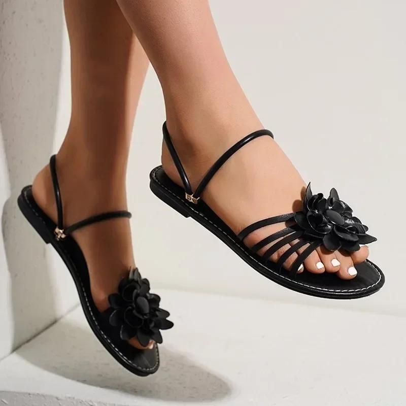 Women's Shoes On Sale 2024 Summer Ankle-wrap Women' Sandals Solid Flowers Open Toe Low-heeled Double Wear Beach Sandals Women