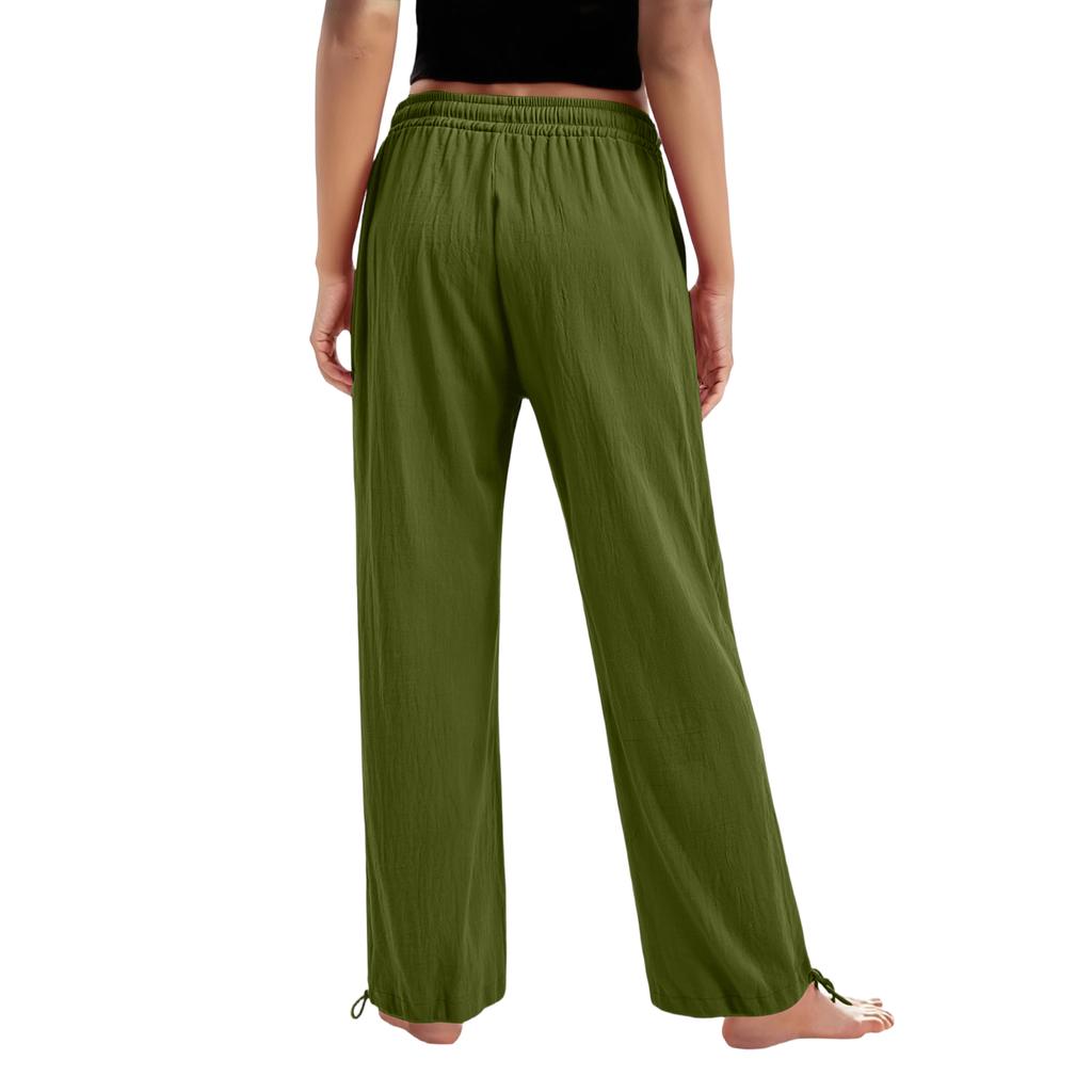 Women's Casual Fashion Color Elastic Waistband Pocket Wide-Leg Straight-Leg Pants