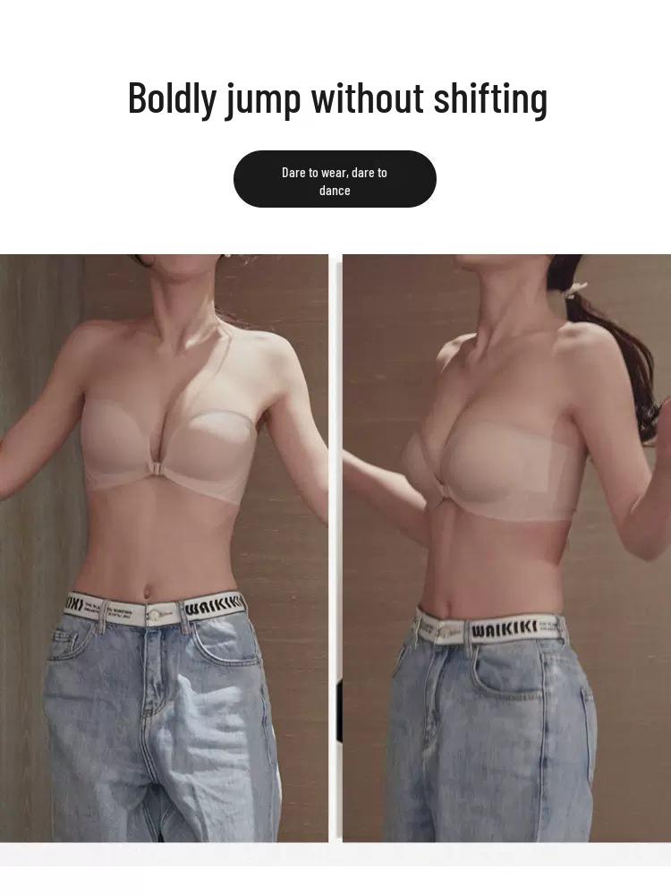 Front-Buckle Strapless Push-Up Bra for Small Breasts with Anti-Slip Pasties and Invisible Support