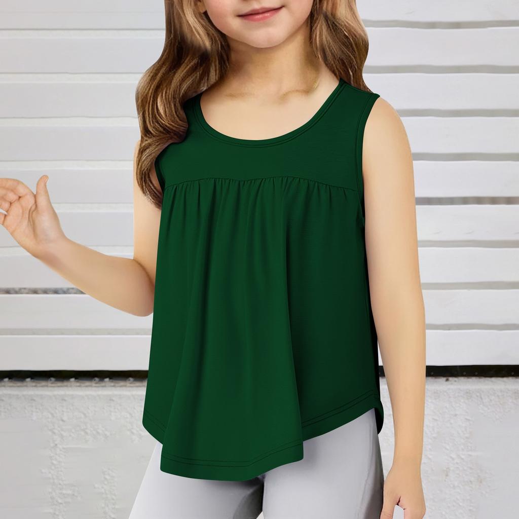 Children's Round Neck Casual Solid Color Sleeveless Pleated T-shirt Top