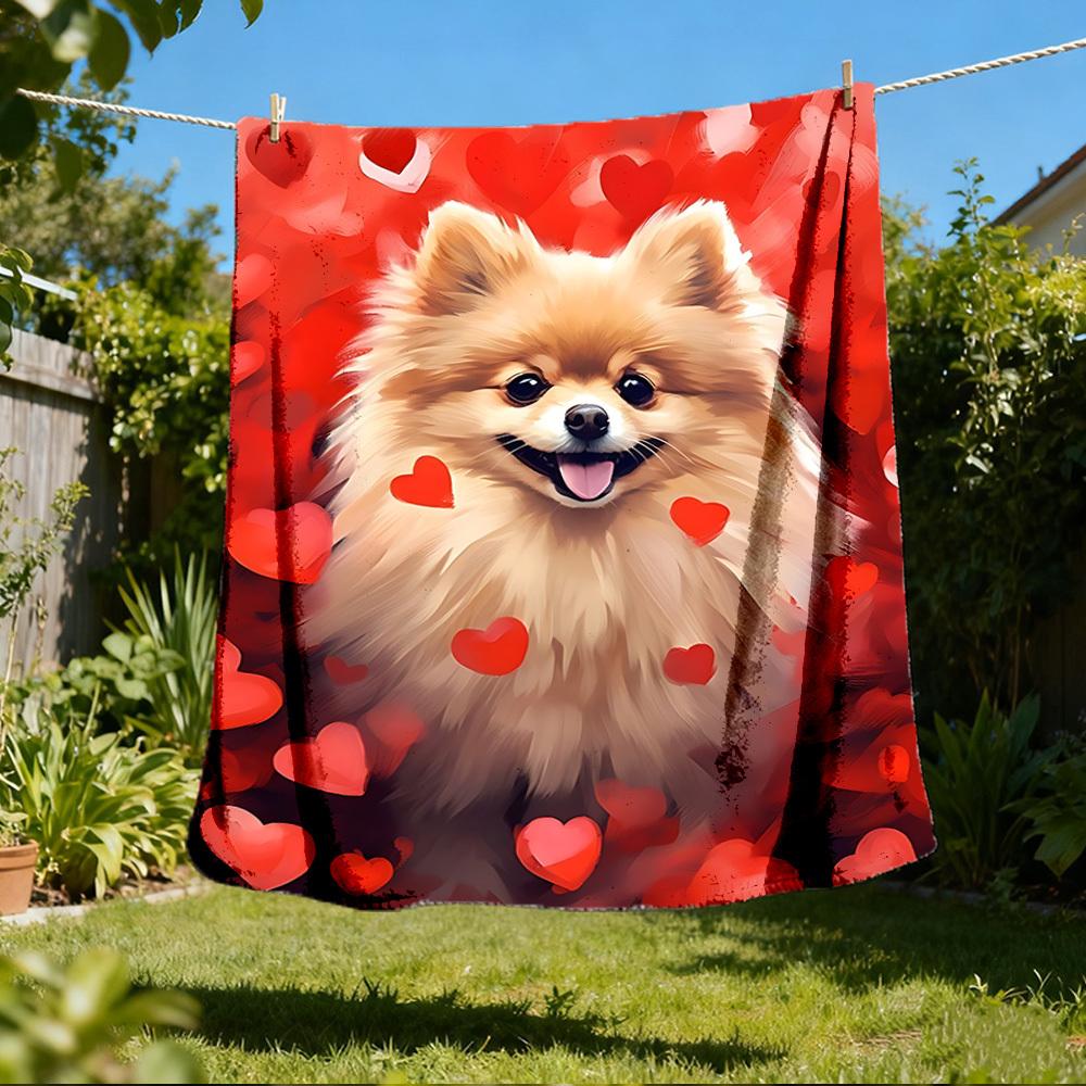 1pc Pomeranian Love Hearts Outdoor Flannel Blanket , Machine Washable Perfect Gift for Birthday , Holiday Travel Accessory , Durable Material