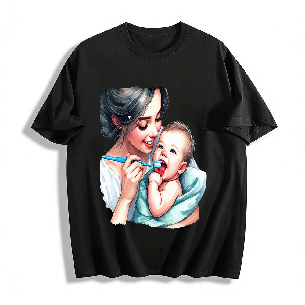 Mom And Baby Tooth Brushing Warm Graphic Adult T-shirt Pure cotton T-shirt XXS