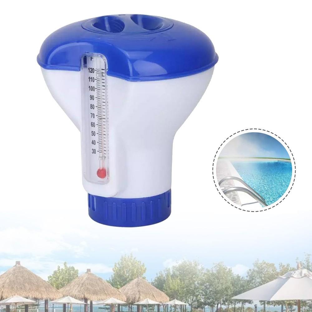 Swimming Pool Floating Dispenser with Built In Temperature Gauge for Tablets