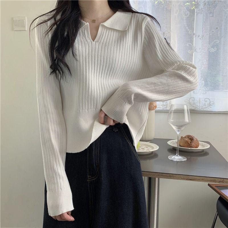 Women's Polo Collar Knitted Base Shirt, Autumn/Winter 2025, New Design Niche Loose Long Sleeve Sweater Top
