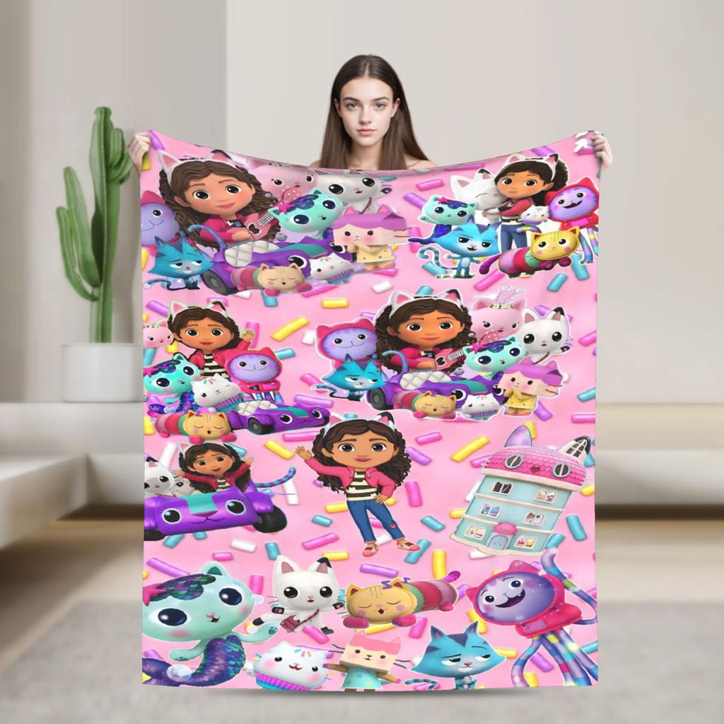 Cartoon Cute Gabby Dollhous Flannel Blanket Soft Durable Bedding Throws for Bedroom Picnic Fluffy Bedspread Sofa Bed Cover