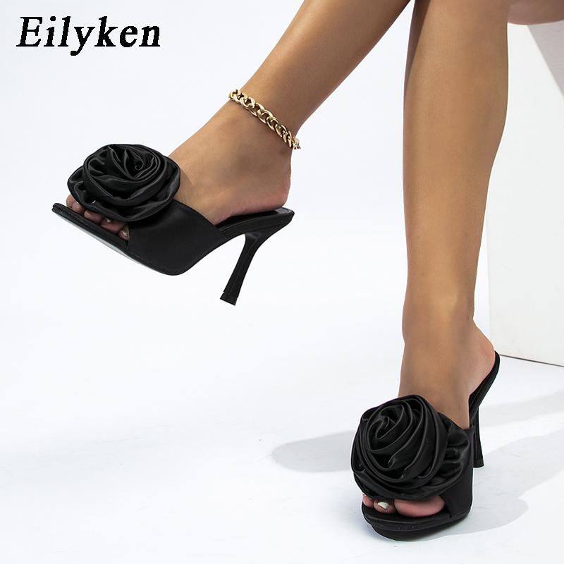 Fashion Eilyken Summer Fashion Silk Flower Peep Toe High Heels Slipper Stripper Slip On Mule Slides Women Party Sexy Sandal Shoes
