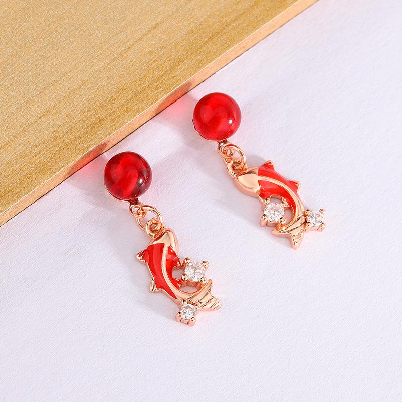 

New Chinese Red Festive Tassel Koi Stud Earrings For Women Niche National Versatile Ear Jewelry