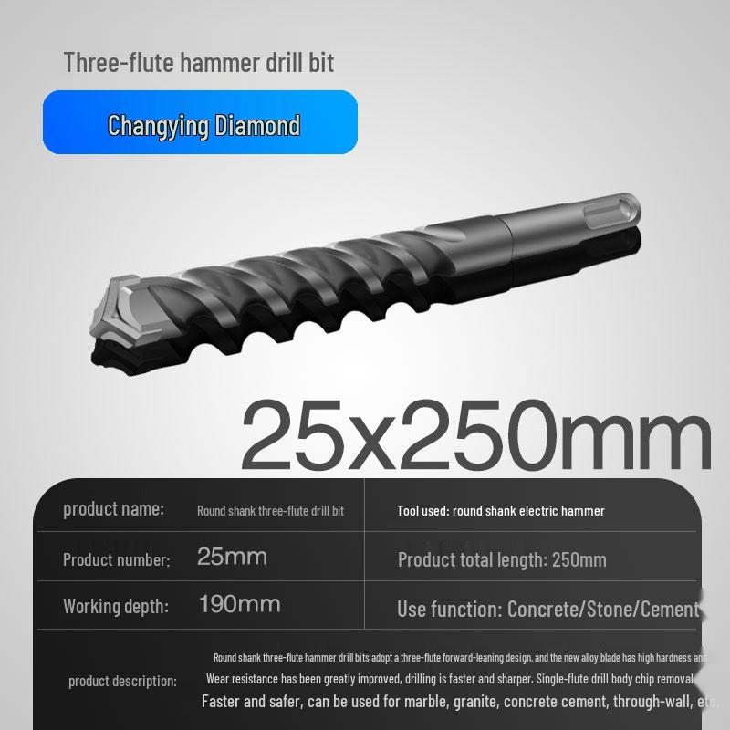 Three-Flute Round & Square Shank Drill Bit for Concrete, Cement, Rebar, Stone, Granite, Marble.