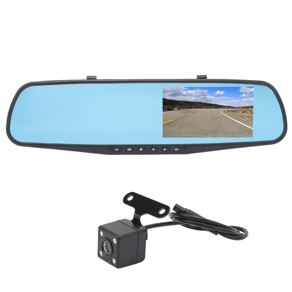 4.3 Inch Mirror Dash Cam 1080P HD Dual Lens Anti Glare Parking Monitor Smart Rearview Mirror Camera