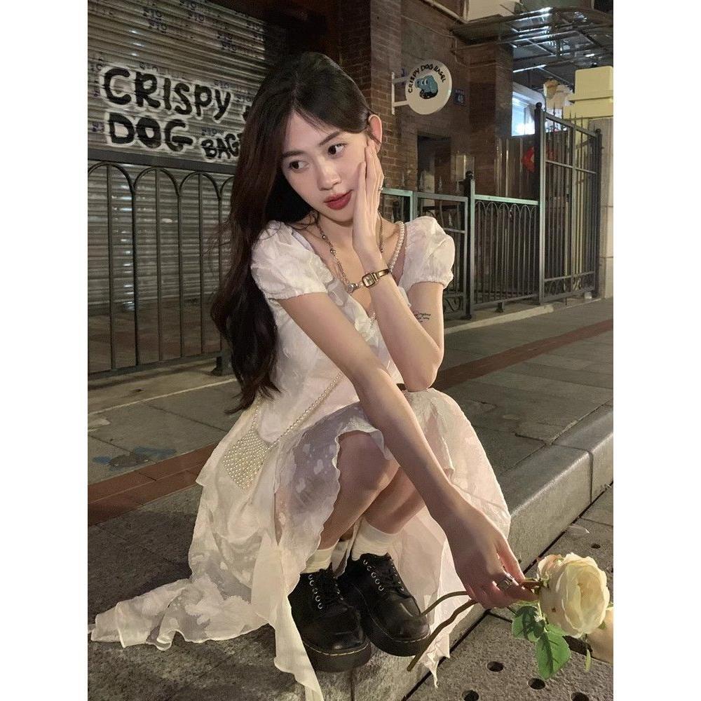 Women’s Summer French Style Irregular White Princess Birthday Dress in Petite Fit