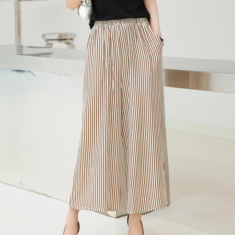 

Женские брюки с высокой талией, большие размеры, свободные повседневные полосатые летние брюки с эластичной резинкой на талии, большие размеры 5XL коричневый
