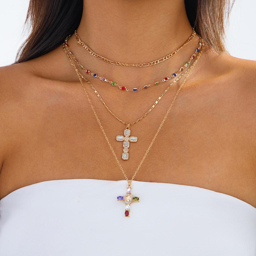 European and American Sense Y-shaped Fringed Necklace Women, Creative Color Double-layer Cross Pendant Collarbone Chain Necklace