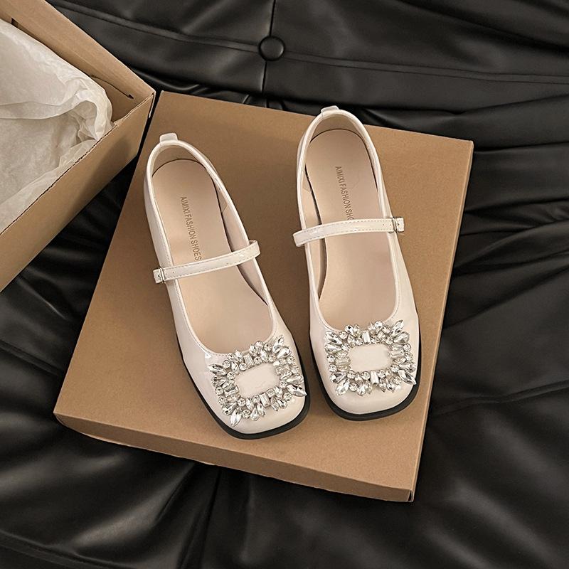 French Thick Heel Square Head Mary Jane Small Leather Shoes Women's Spring 2025 New Rhinestone Square Buckle Light Mouth Color Matching Shoes