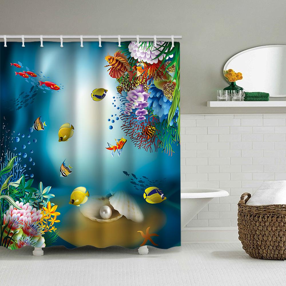 1/4 Marine Organism Shower Curtains, Toilet Seat Decoration, Shower Curtain With Carpet And Toilet Lid, 12 70.8X70.8 Inch Hooks
