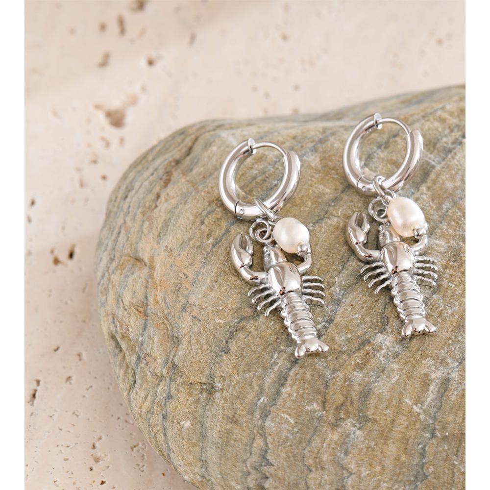 Yhpup Ocean Series Stainless Steel Crayfish Drop Hoop Earrings High Quality Natural Pearls Beach Daily Wear Jewelry for Women
