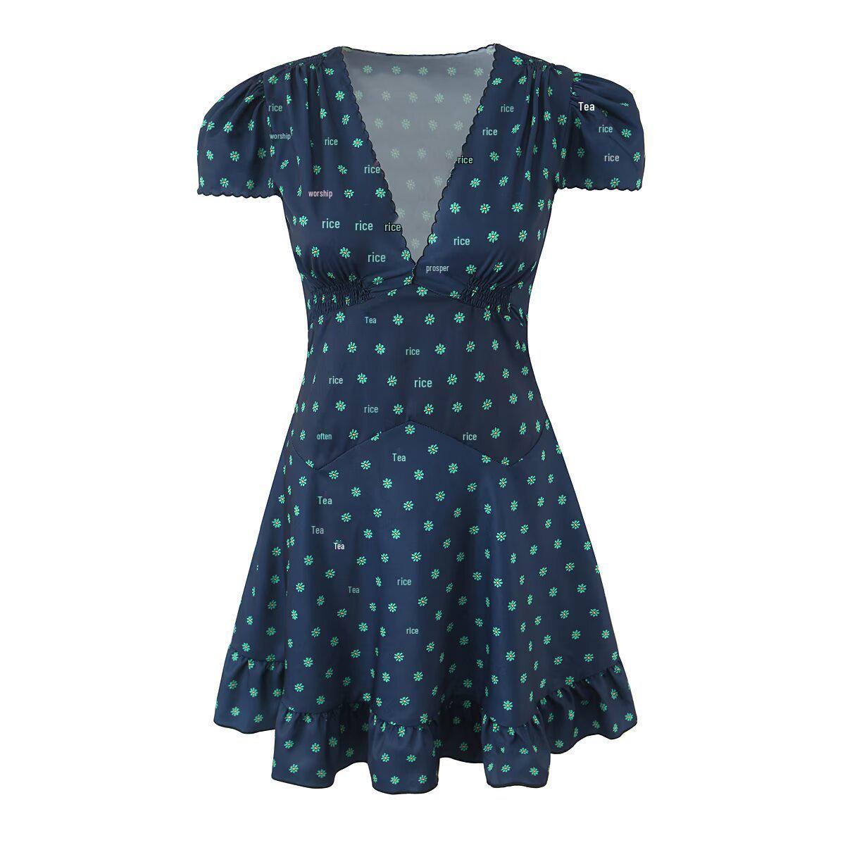 

Elegant Dark Blue Daisy V-Neck Short-Sleeve Summer Dress for Women - Waist-Cinching A-Line Tea Skirt Medium