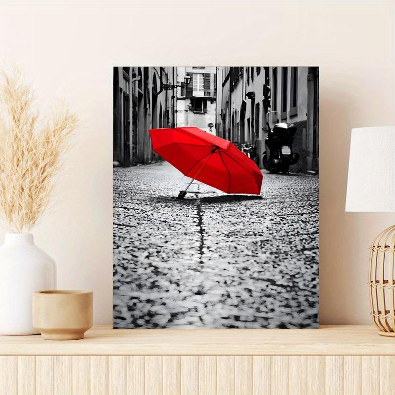 Framed - Red Umbrella Street Printed Canvas Art Poster - Modern City Scene Canvas Poster Decorative Wall - Including Hanging Hardware