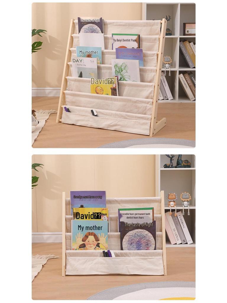 Bodenstehendes Kinder-Bücherregal aus Massivholz mit mehrschichtigem Stauraum und beweglichem Bilderbuch-Ständer.