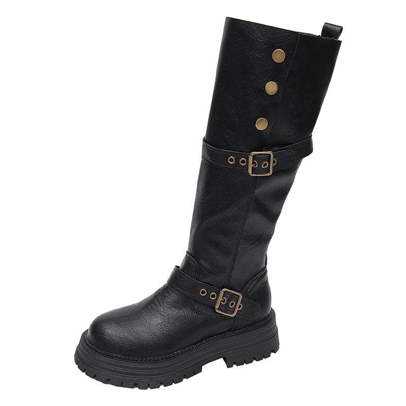 Retro Style Two Wear Folded Thick-soled Boots Women's 2025 New Autumn Fashion Thick Heel Thin Knee Buttons