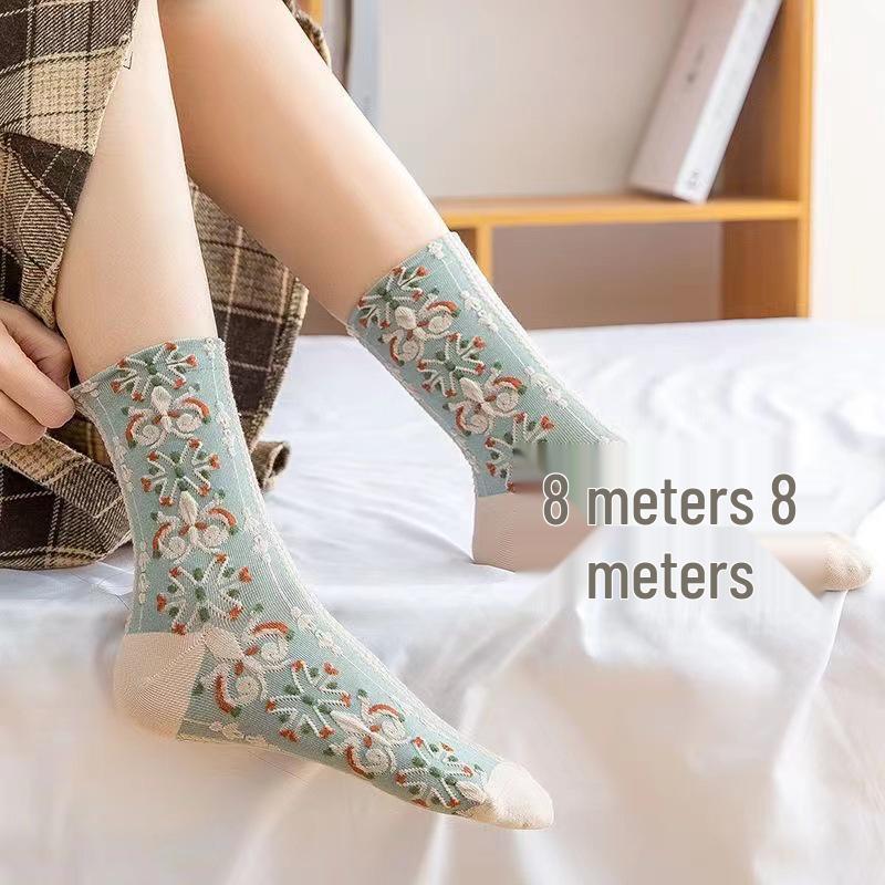 Retro 3D Floral Relief Mid-Calf Socks for Women - Sweet Autumn/Winter Mori Style