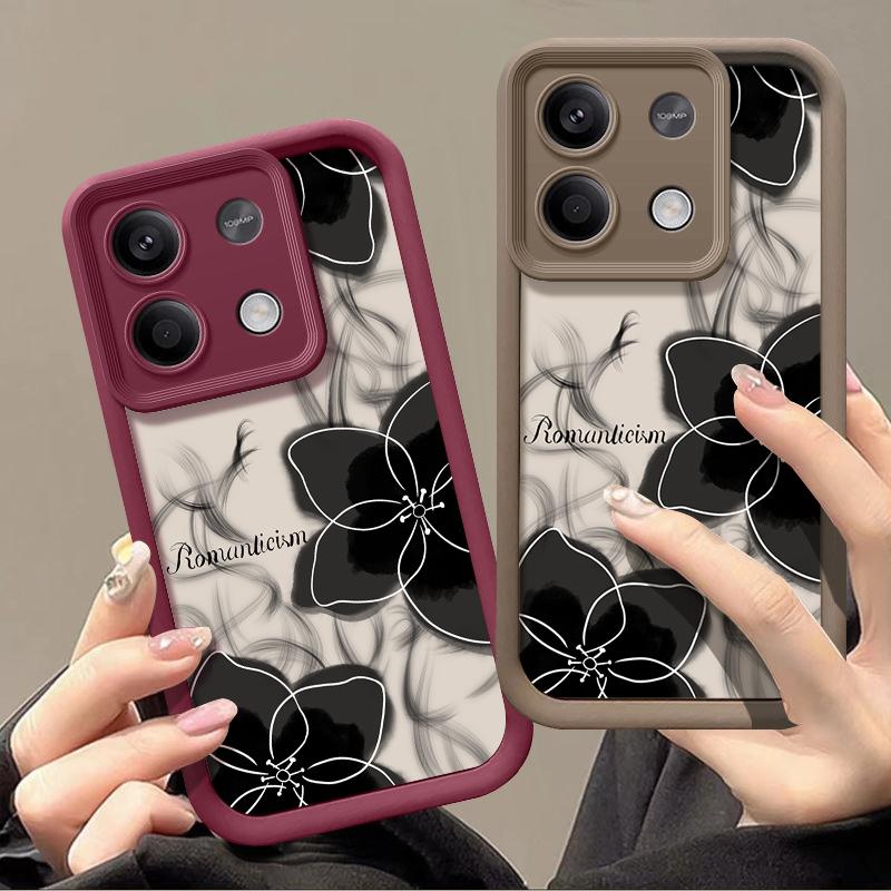 Black Flower Pattern Solid Color Case for Xiaomi Poco F6 X5 X6 M6 Pro 13t Redmi Note 13 12 11 10 Pro Plus Silicone Soft Lens Protection Cover