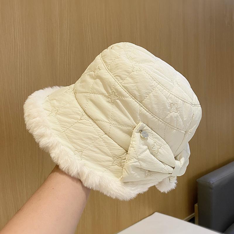 Bucket Hut Damen Herbst und Winter Wärme Schleife bestickte Fischerhut zeigt ein kleines Gesicht vielseitige Plüschmütze faltbar