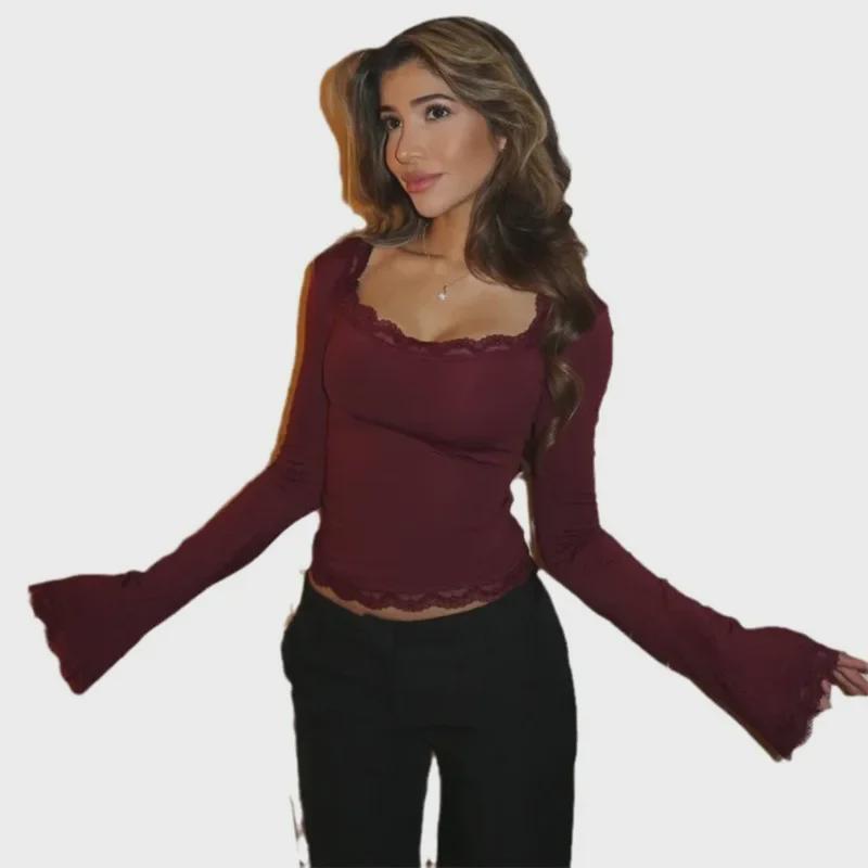 2025 Spring/Summer European & American Style Women's Sexy Slim Lace Long Sleeve Top