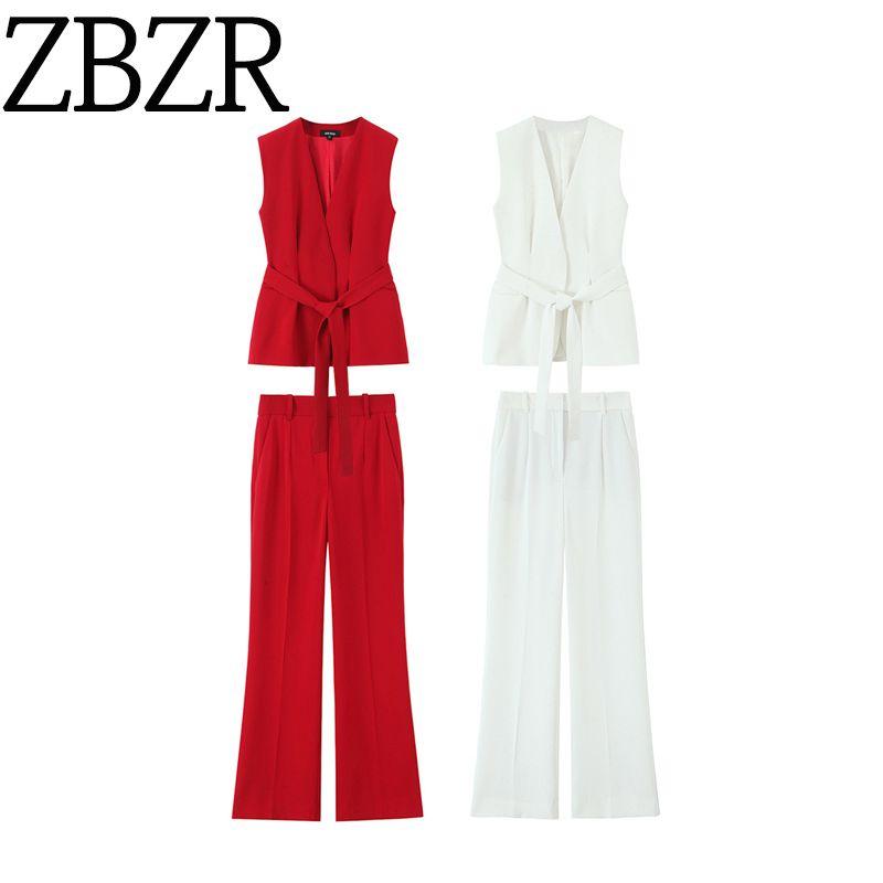 Zbzr Spring New Women clothes Western Style With Belt Vest Top Trumpet pants 2390198 2377198
