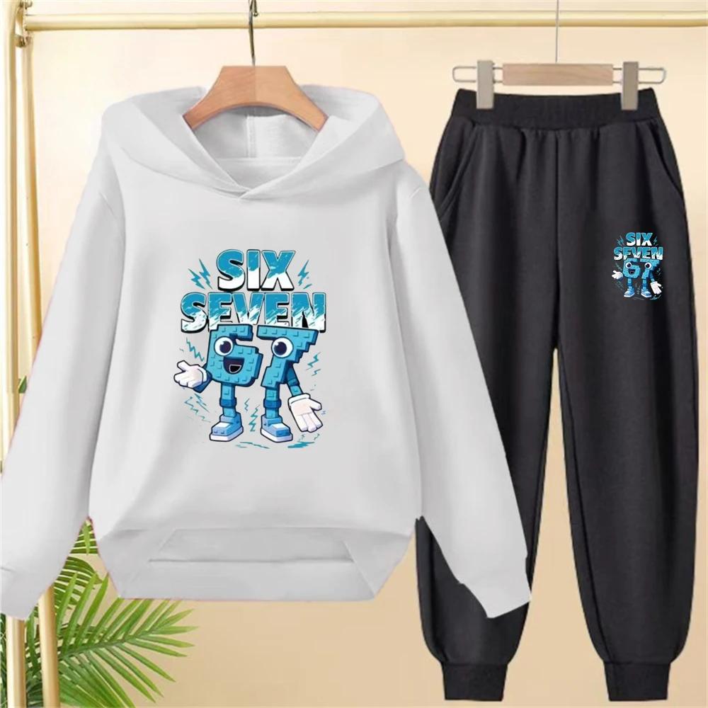 Children From 3 To 12 Years Old 67 Printed Hooded Sweatshirt and Black Top and Pants Suit, Suitable for Girls and Boys