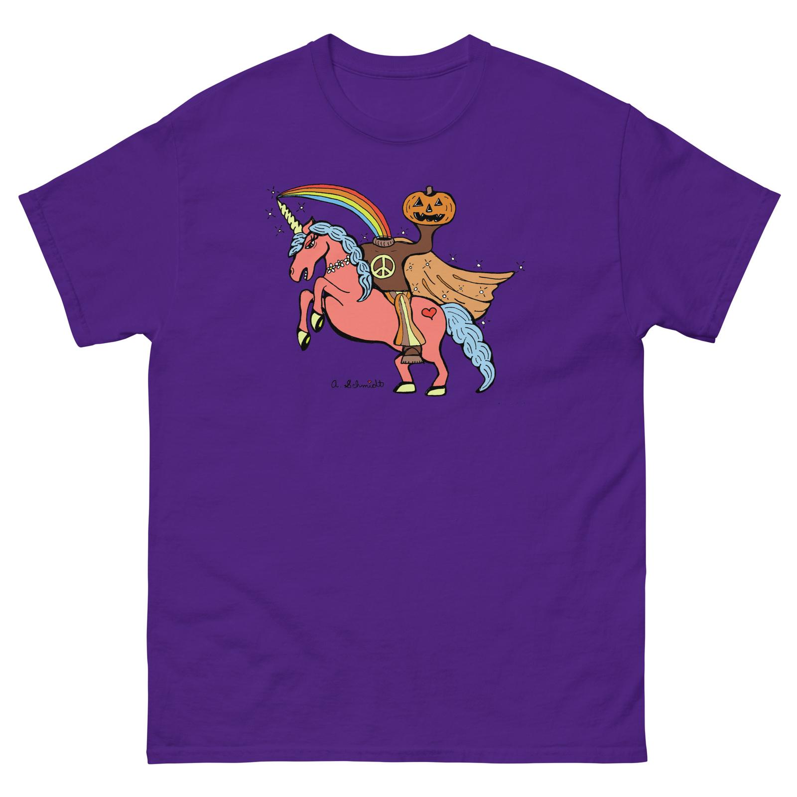 Halloween Unicorn Jack o Lantern Headless Horseman Rainbow Unisex classic tee S