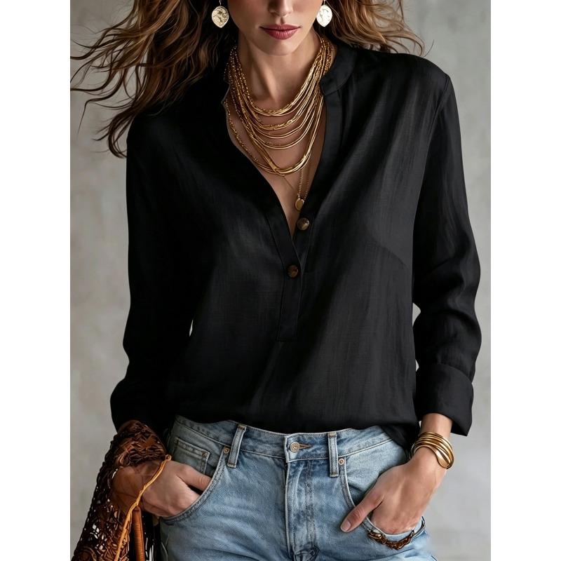 TIFICY Moda feminina casual primavera outono cor sólida estampa manga comprida blusas e camisas