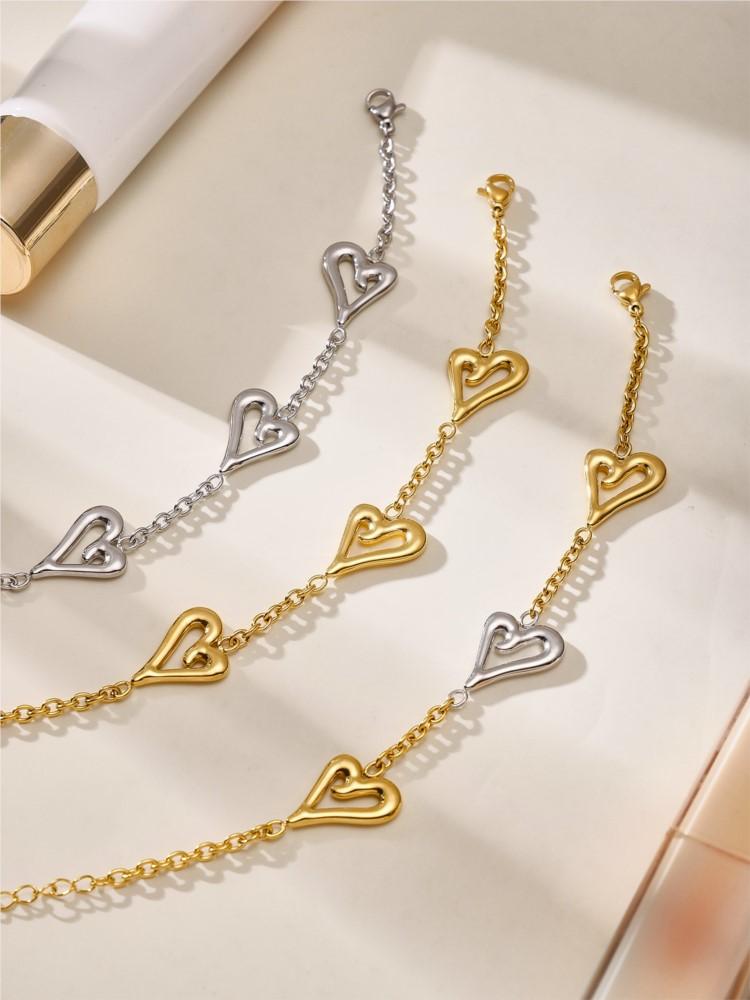 Two-tone Heart Chain Necklaces Bracelets For Women 18k Gold Plated No Tarnish Women's Stainless Steel Necklace Matching Bracelet