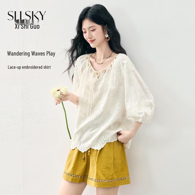 SLLSKY Women s Bohemian Embroidered Round Neck Blouse XL