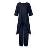 Women's Linen Two-Piece Suit Linen Suit Trousers And Three Quarten Sleeve Irregular Hem Shirts Casual Trouser Suit Round Neck Linen Blouse Loose Linen