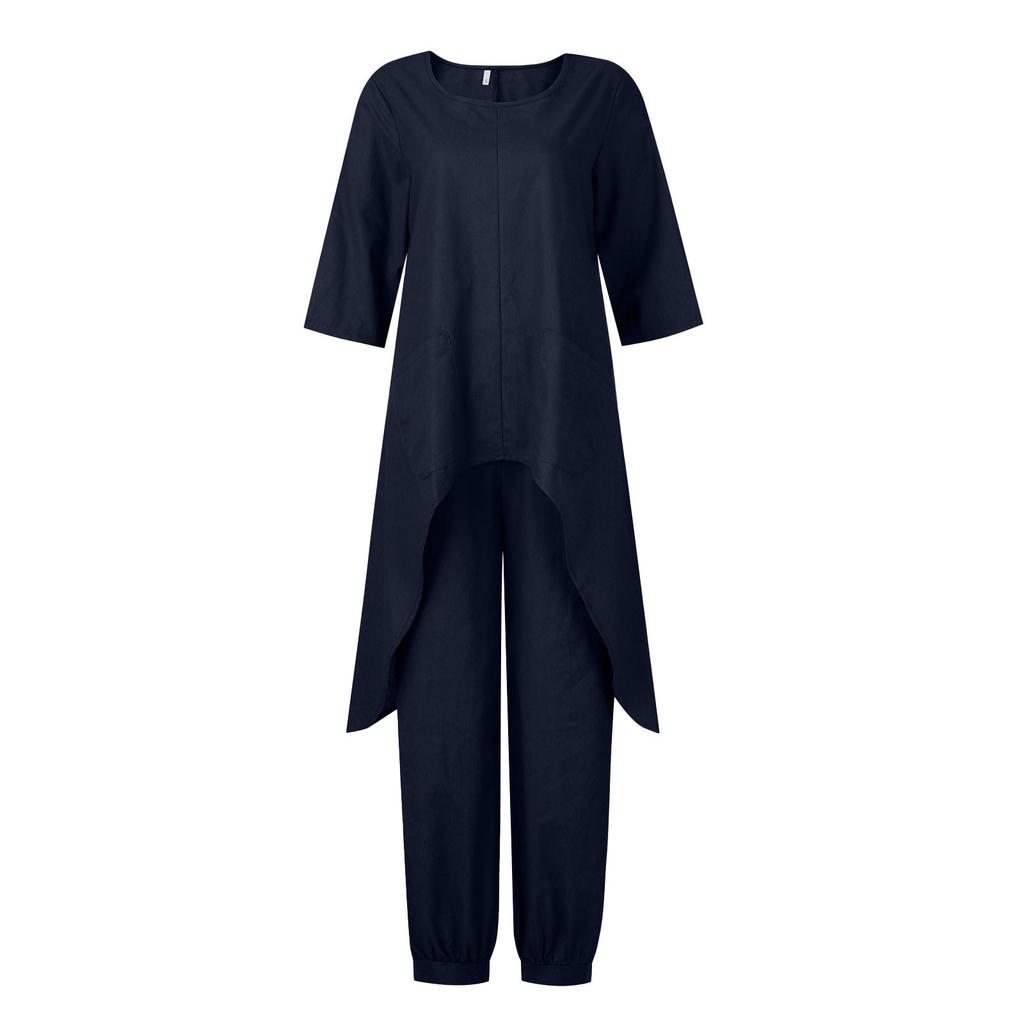 Women's Linen Two-Piece Suit Linen Suit Trousers And Three Quarten Sleeve Irregular Hem Shirts Casual Trouser Suit Round Neck Linen Blouse Loose Linen